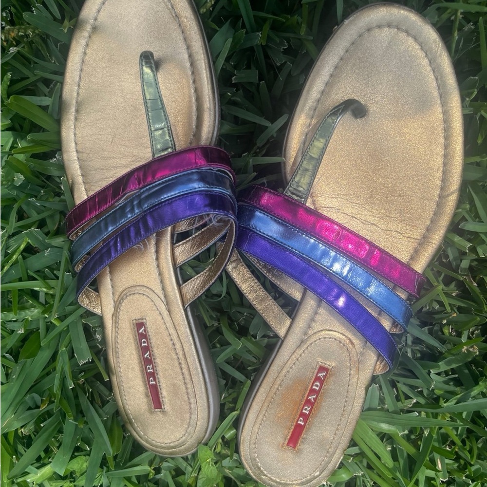 Prada Women's Gold Sandals with Pink and Purple Straps
